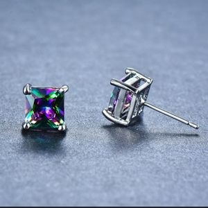 NEW Mutlticolor Princess Cut Diamond Stud Earrings